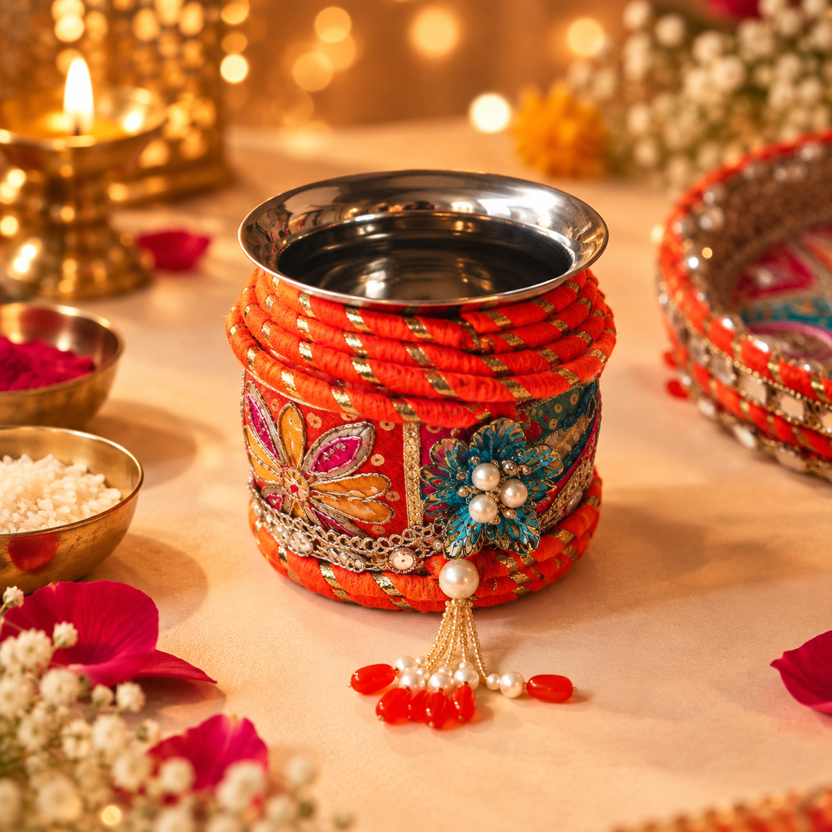 Kesari Orange Gujarati Gota-Kinari & Pearl Embellished Karwa Chauth Pooja Thali Set