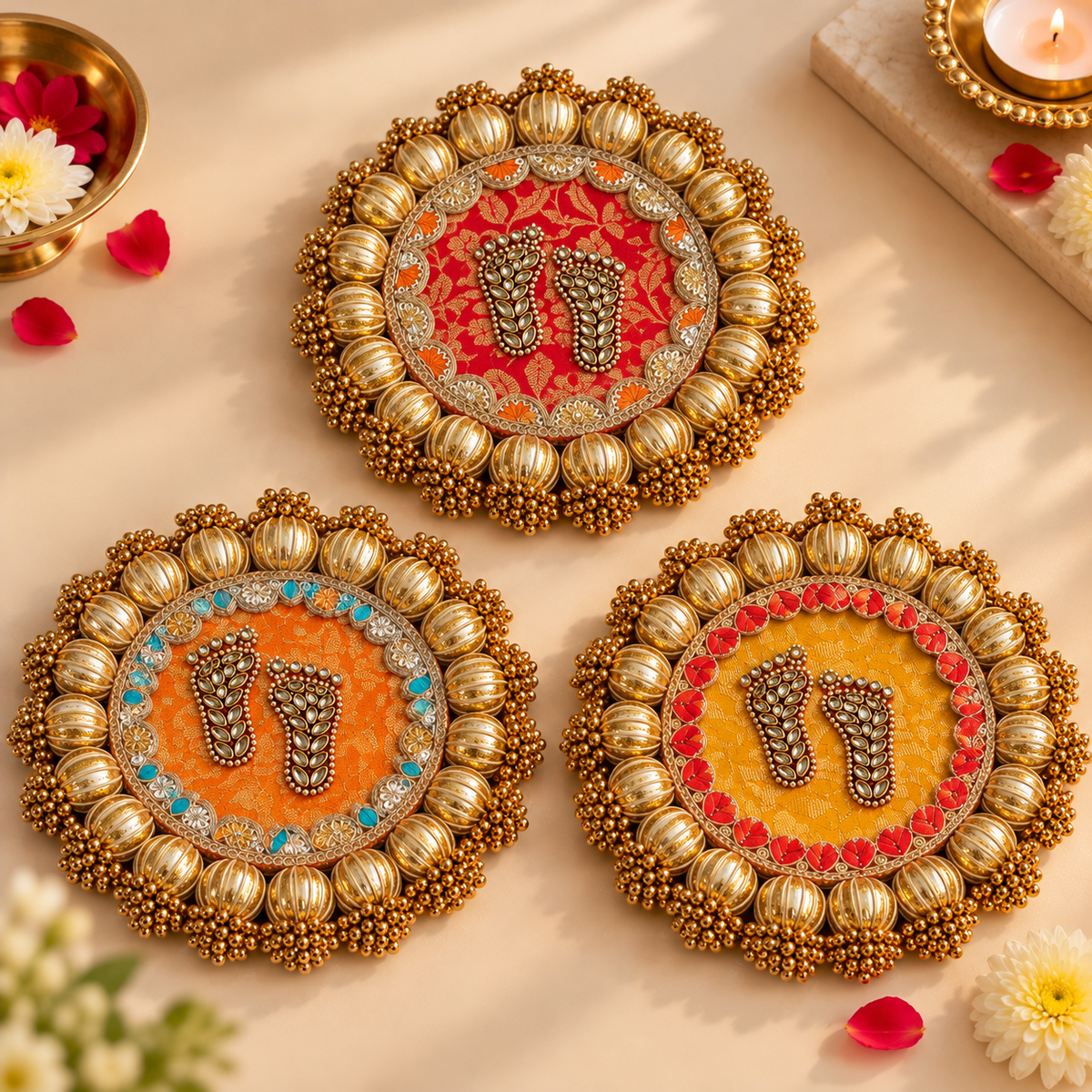 Handcrafted Gold Kundan & Gota Patti Embellished Lakshmi Charan Paduka Mat- Pack of 1