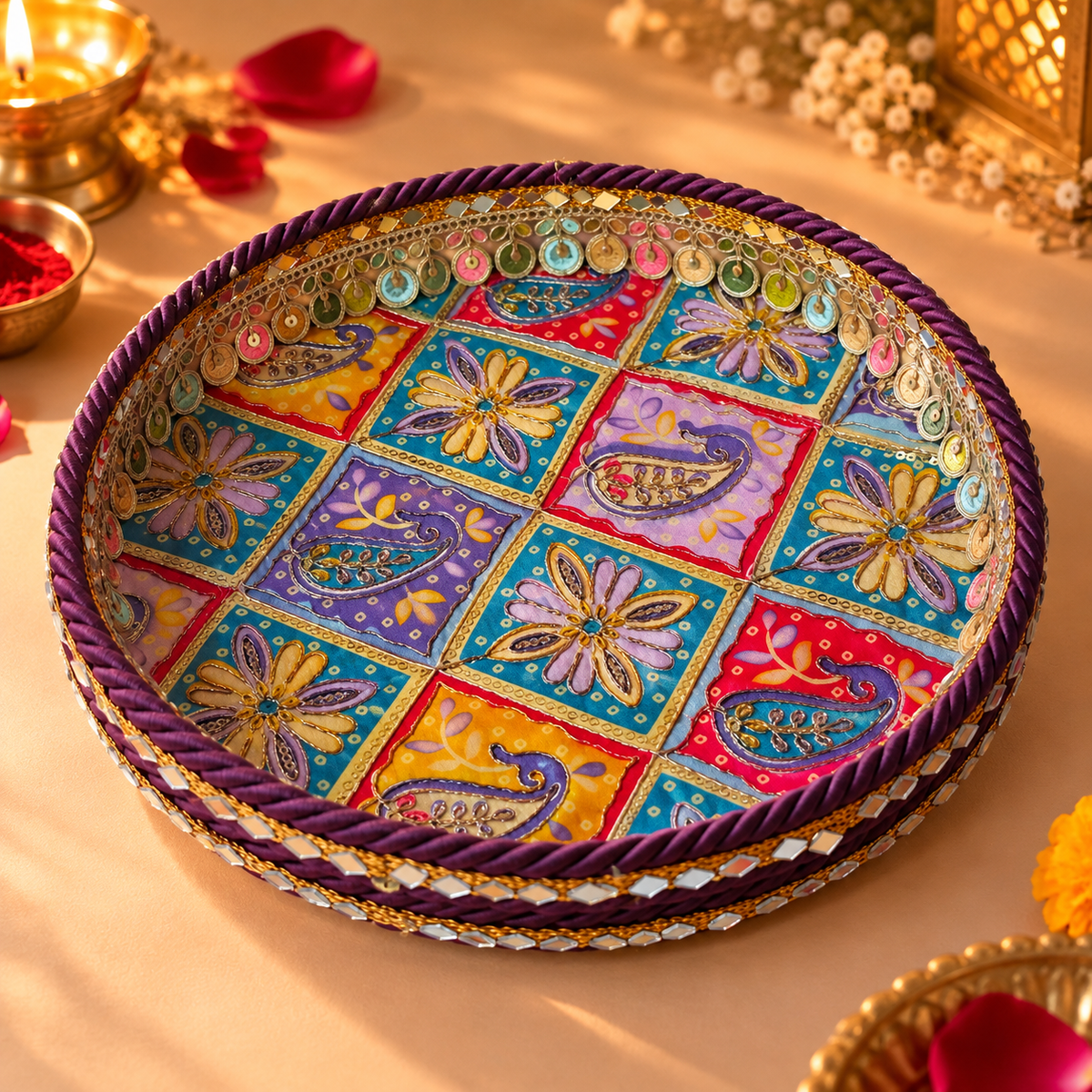 Royal Plum Gujarati Paisley Gota & Pearl Embellished Karwa Chauth Pooja Thali Set