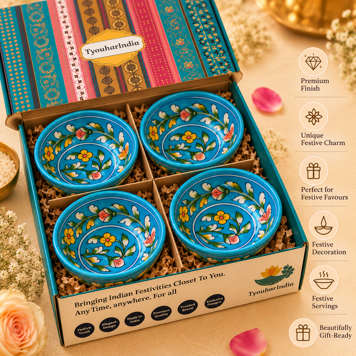 Hand-Painted Blue Pottery Floral Bowl -Set of 4