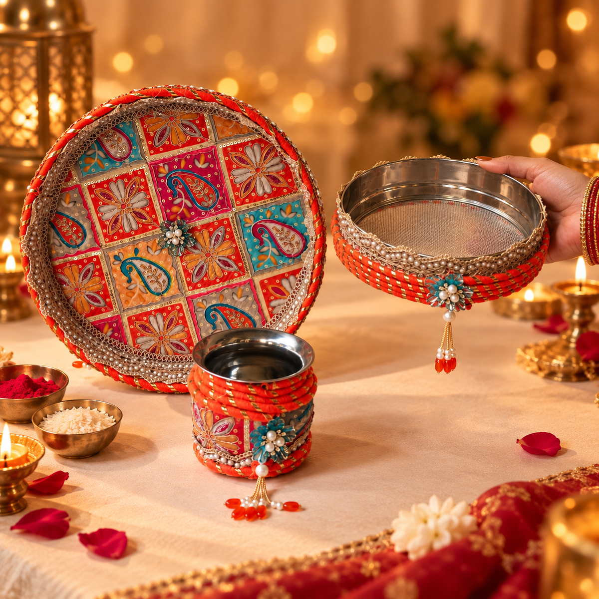 Kesari Orange Gujarati Gota-Kinari & Pearl Embellished Karwa Chauth Pooja Thali Set