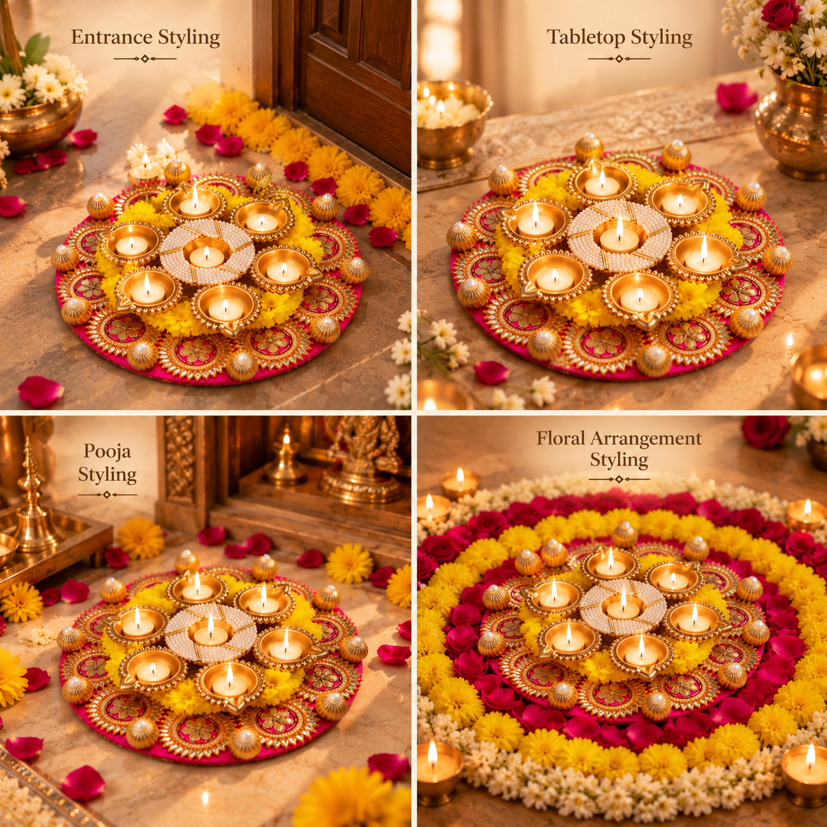 Rani Pink & Golden Gotta Patti Floral Rangoli with 7 Diyas