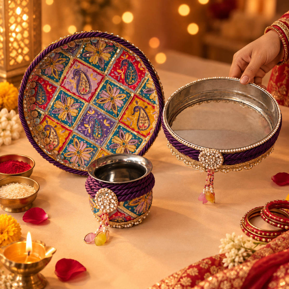 Royal Plum Gujarati Paisley Gota & Pearl Embellished Karwa Chauth Pooja Thali Set
