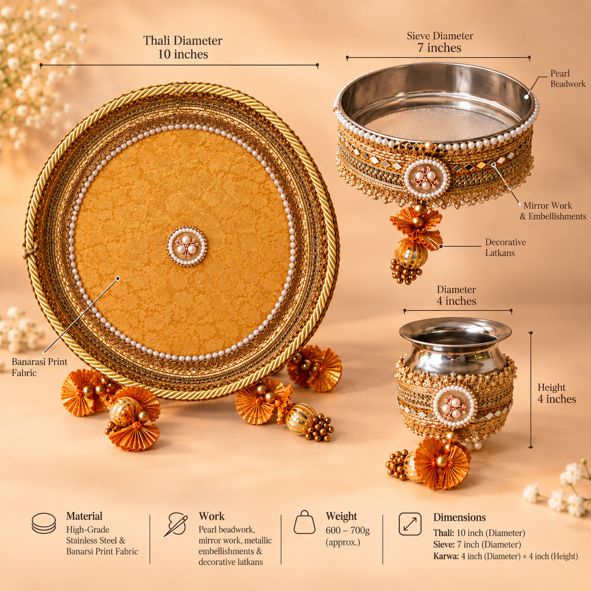 Antique Mustard Gold Banarasi Brocade Pearl Embellished Karwa Chauth Pooja Thali Set