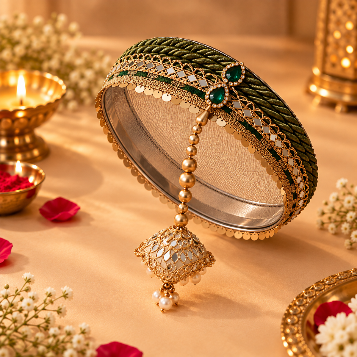 Mehndi Green Floral Banarasi Embellished Karwa Chauth Pooja Thali Set