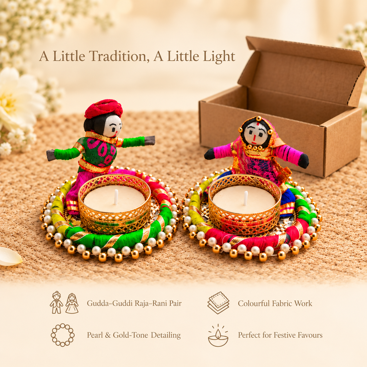 Gudda Guddi Raja Rani Fabric Tea Light Holders – Set of 2