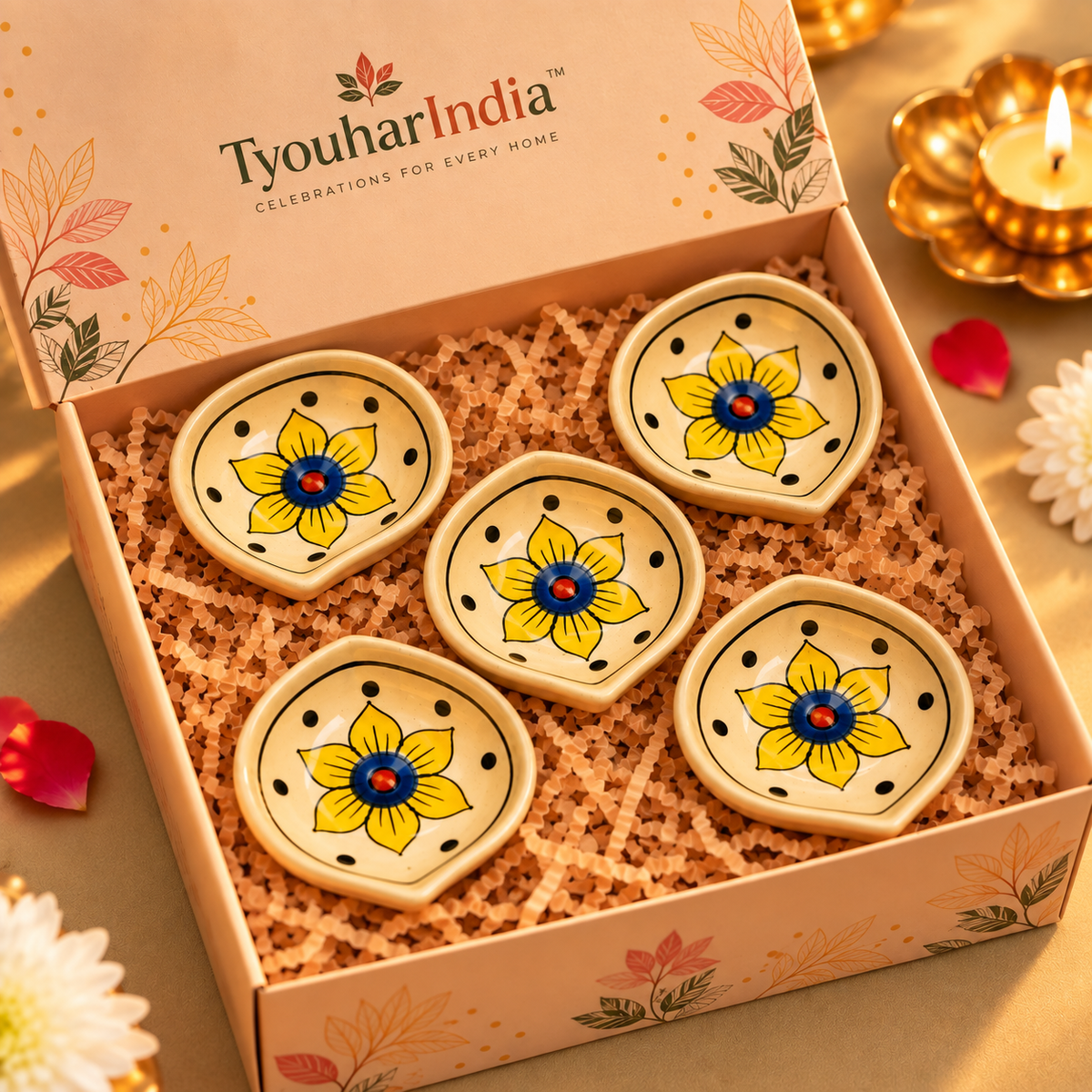 Handpainted Ceramic Floral Diya-Set of 5