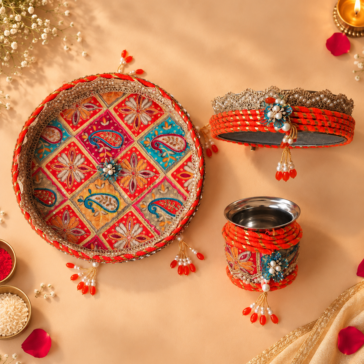 Kesari Orange Gujarati Gota-Kinari & Pearl Embellished Karwa Chauth Pooja Thali Set