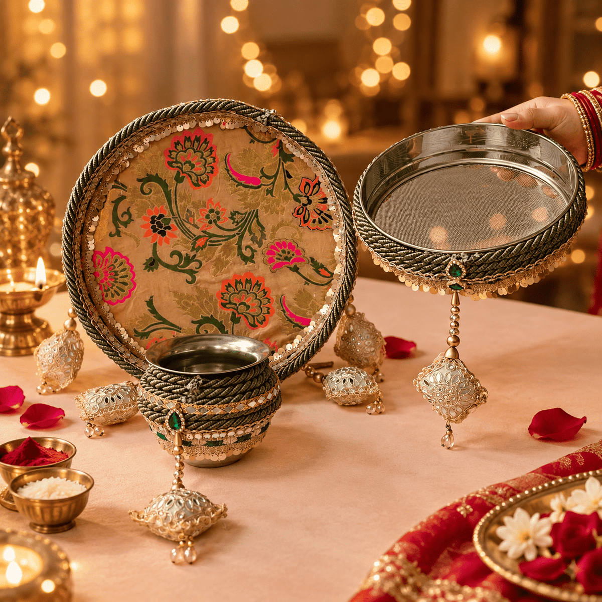 Mehndi Green Floral Banarasi Embellished Karwa Chauth Pooja Thali Set