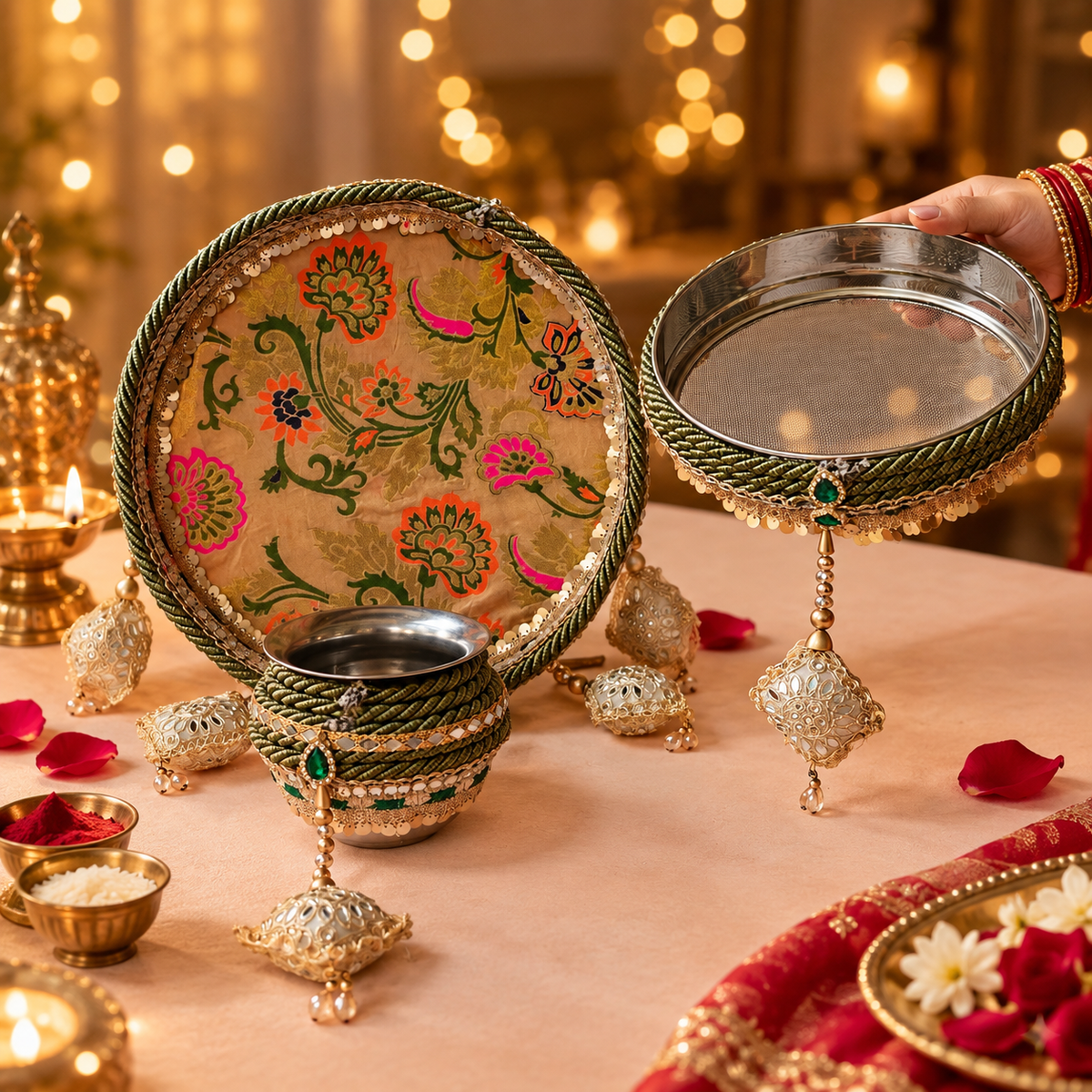 Mehndi Green Floral Banarasi Embellished Karwa Chauth Pooja Thali Set