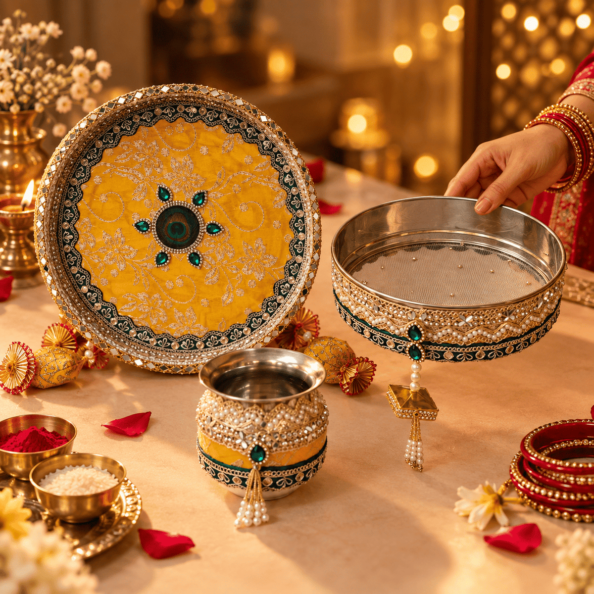 Mustard Yellow & Emerald Green Crystal Embellished Karwa Chauth Pooja Thali Set