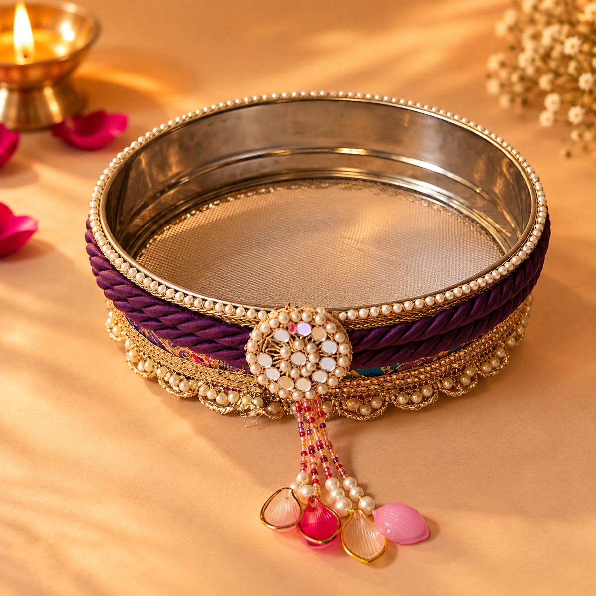 Royal Plum Gujarati Paisley Gota & Pearl Embellished Karwa Chauth Pooja Thali Set