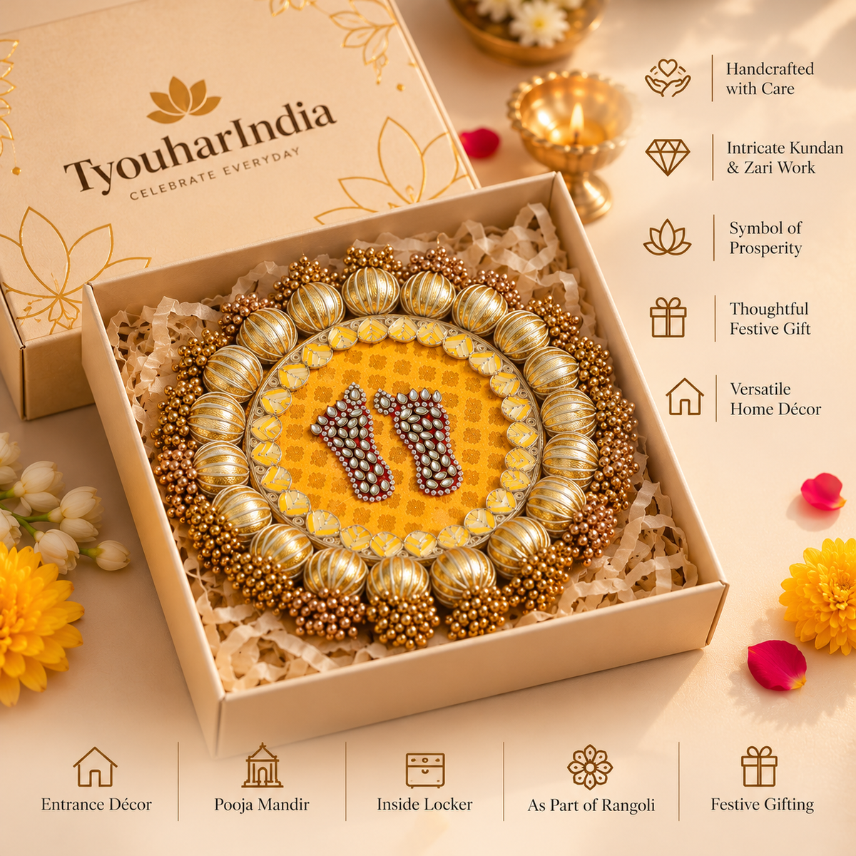 Handcrafted Gold Kundan & Gota Patti Embellished Lakshmi Charan Paduka Mat- Pack of 1