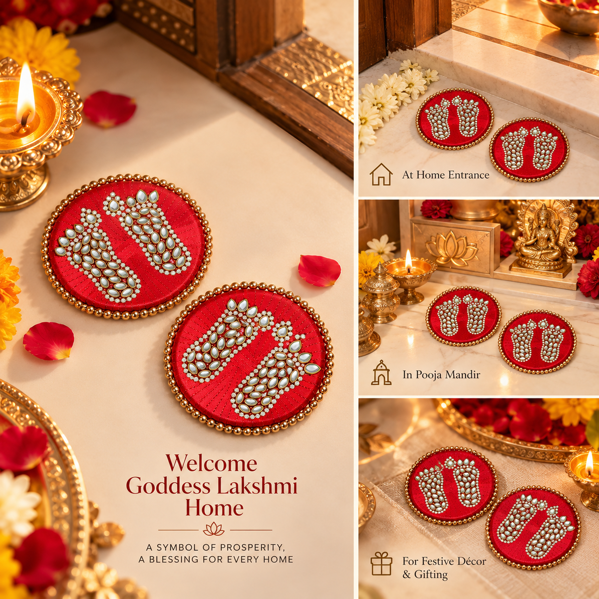 Handcrafted Lakshmi Charan with Kundan Stones-Set of 2