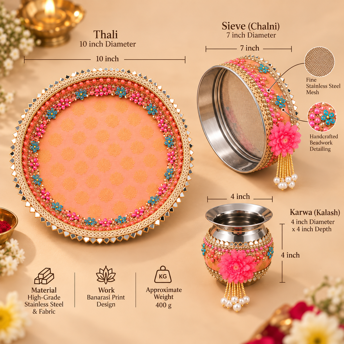 Royal Peach Banarasi Floral Karwa Chauth Pooja Thali Set