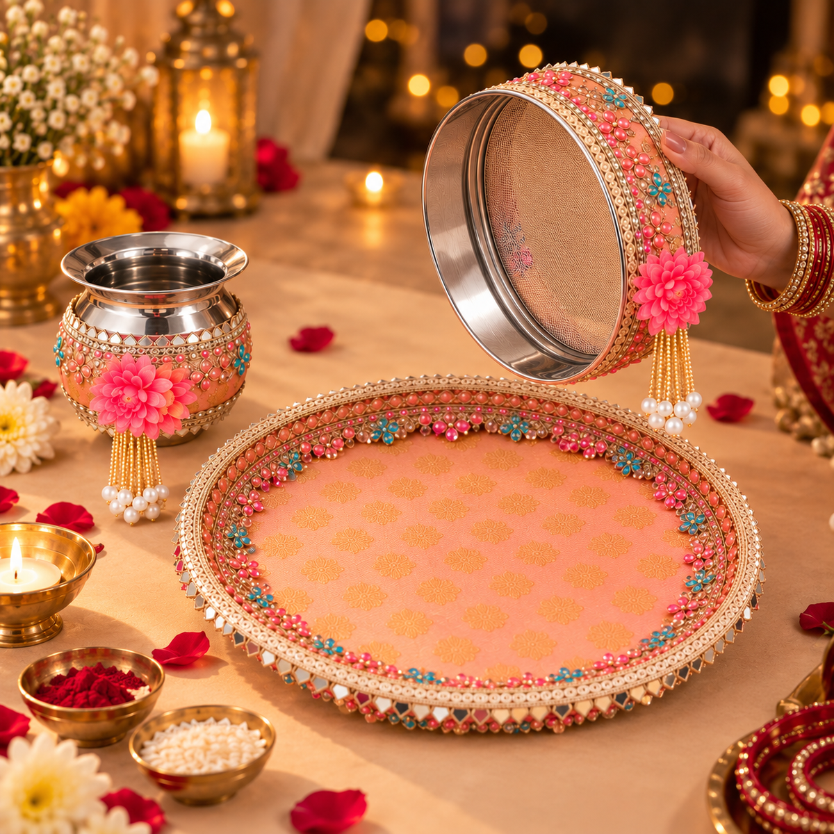Royal Peach Banarasi Floral Karwa Chauth Pooja Thali Set