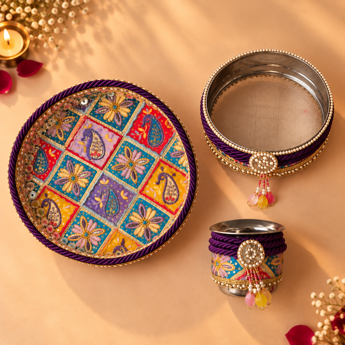 Royal Plum Gujarati Paisley Gota & Pearl Embellished Karwa Chauth Pooja Thali Set