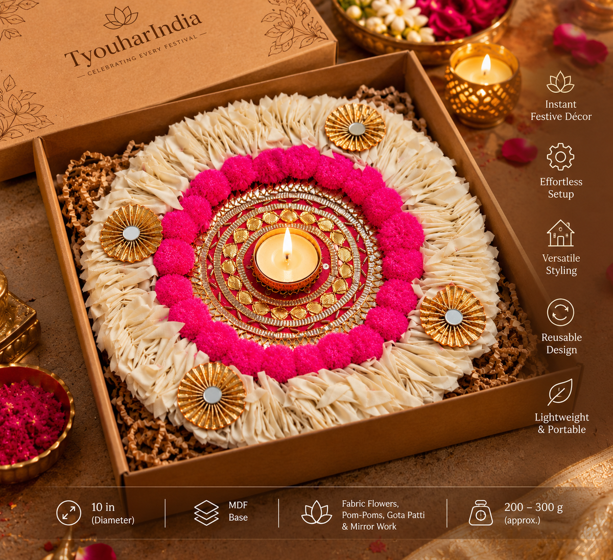 Ivory Floral Gotta Patti Rangoli with Pink Pom-Poms