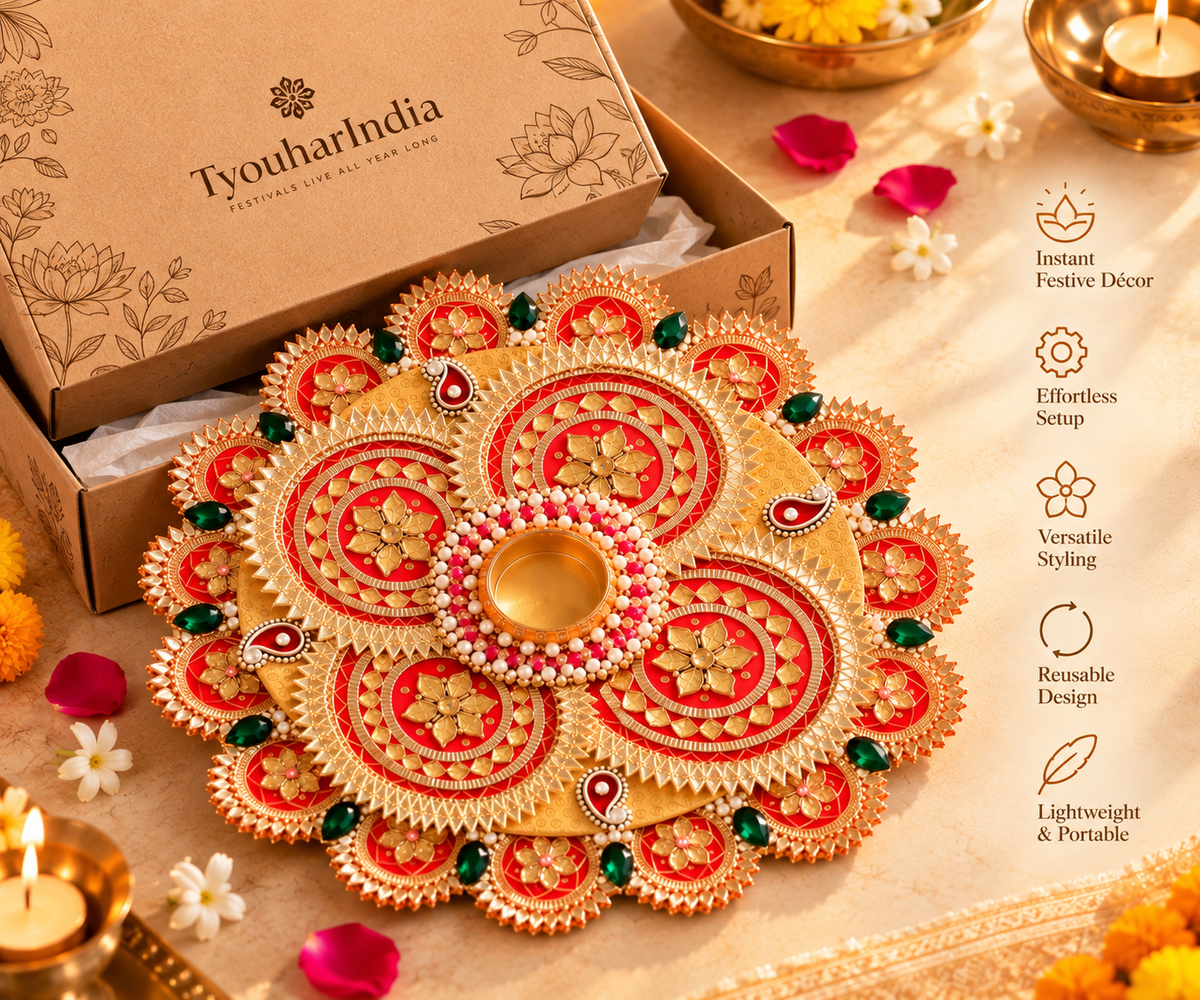 Kesari Red & Gold Floral Gotta Patti Rangoli Plate with Pearl & Kundan Detailing