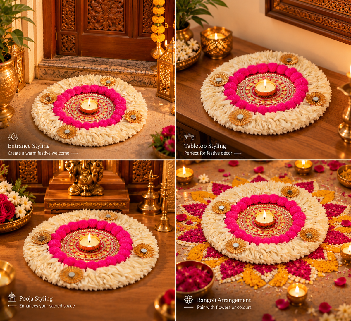 Ivory Floral Gotta Patti Rangoli with Pink Pom-Poms