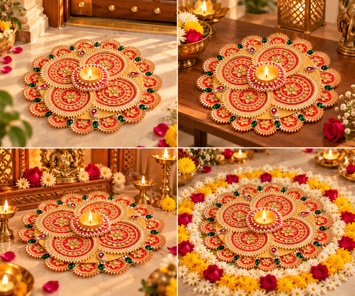Kesari Red & Gold Floral Gotta Patti Rangoli Plate with Pearl & Kundan Detailing