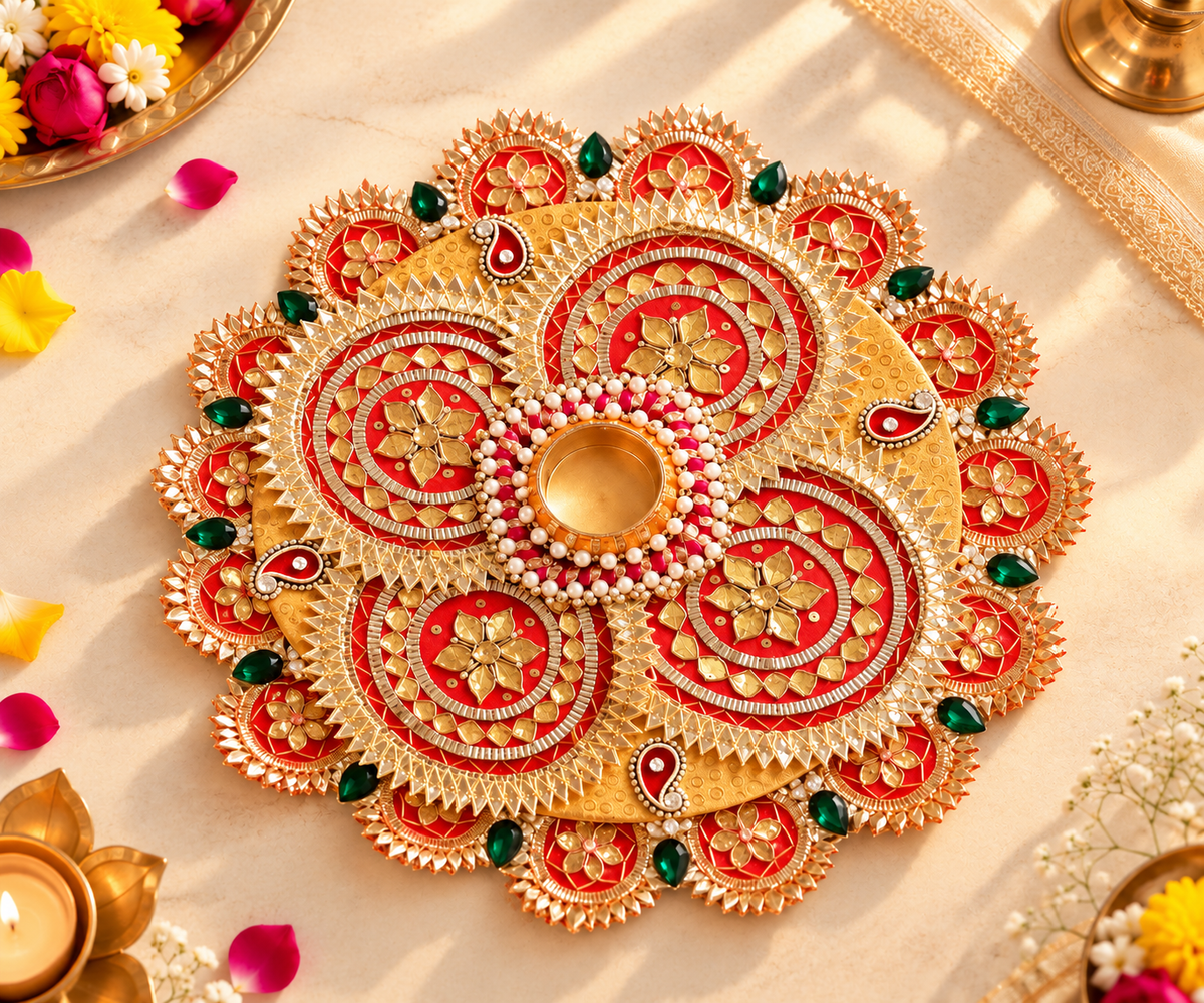 Kesari Red & Gold Floral Gotta Patti Rangoli Plate with Pearl & Kundan Detailing