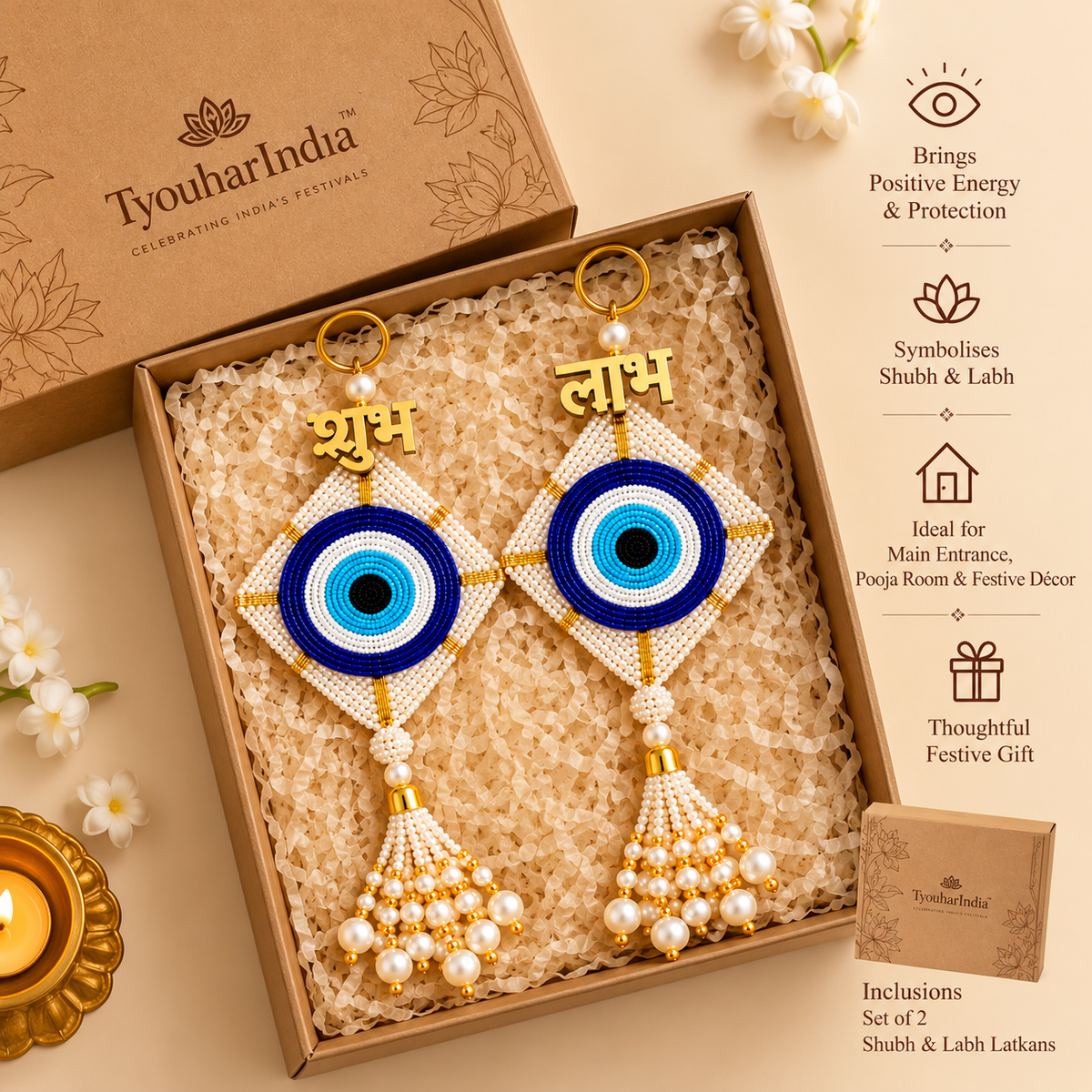 Evil Eye Shubh Labh Pair – Handmade Blue & White Beads with Pearl Tassels