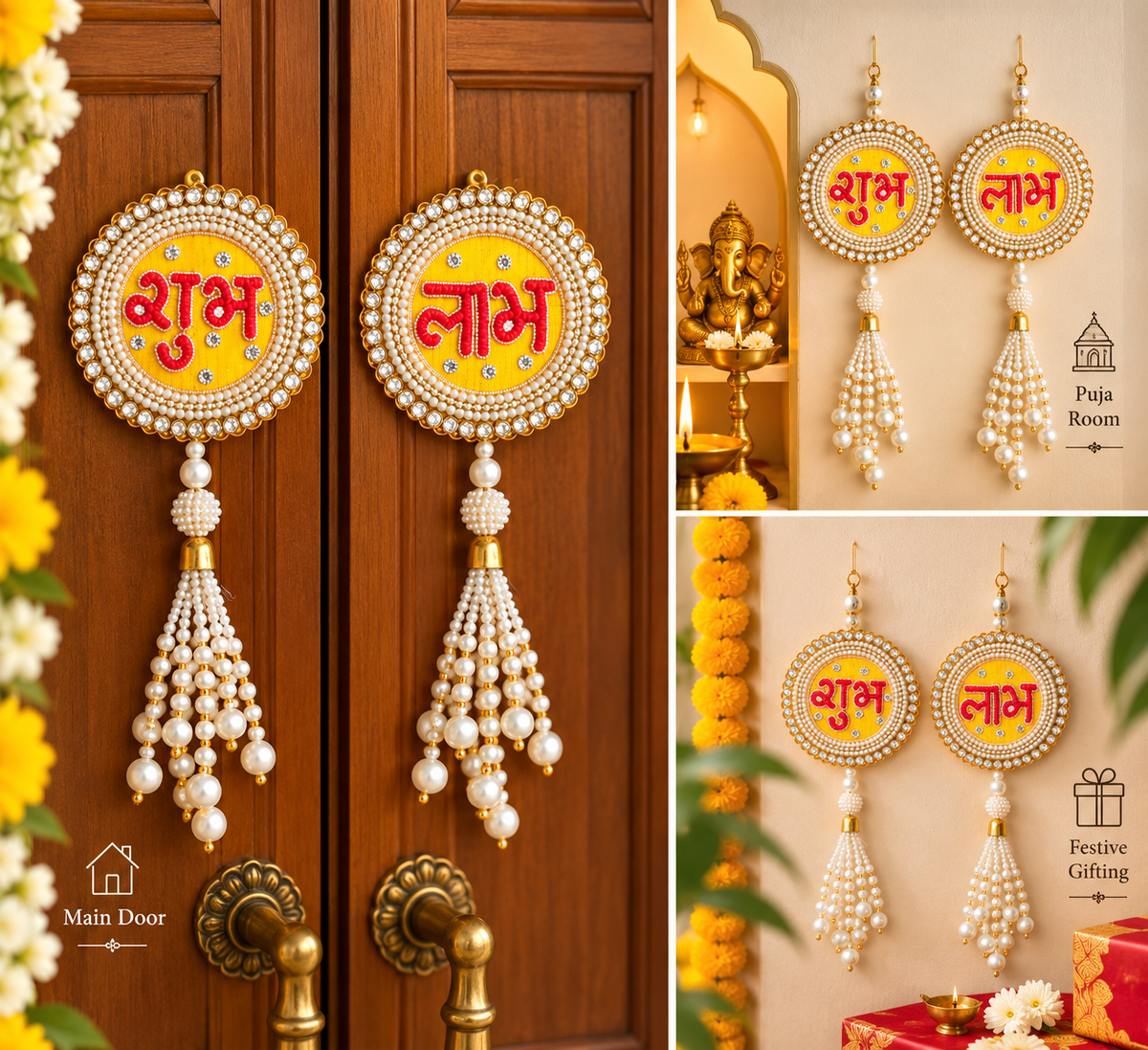 Handcrafted Yellow & Red Shubh Labh with Pearls & Kodi Tassels