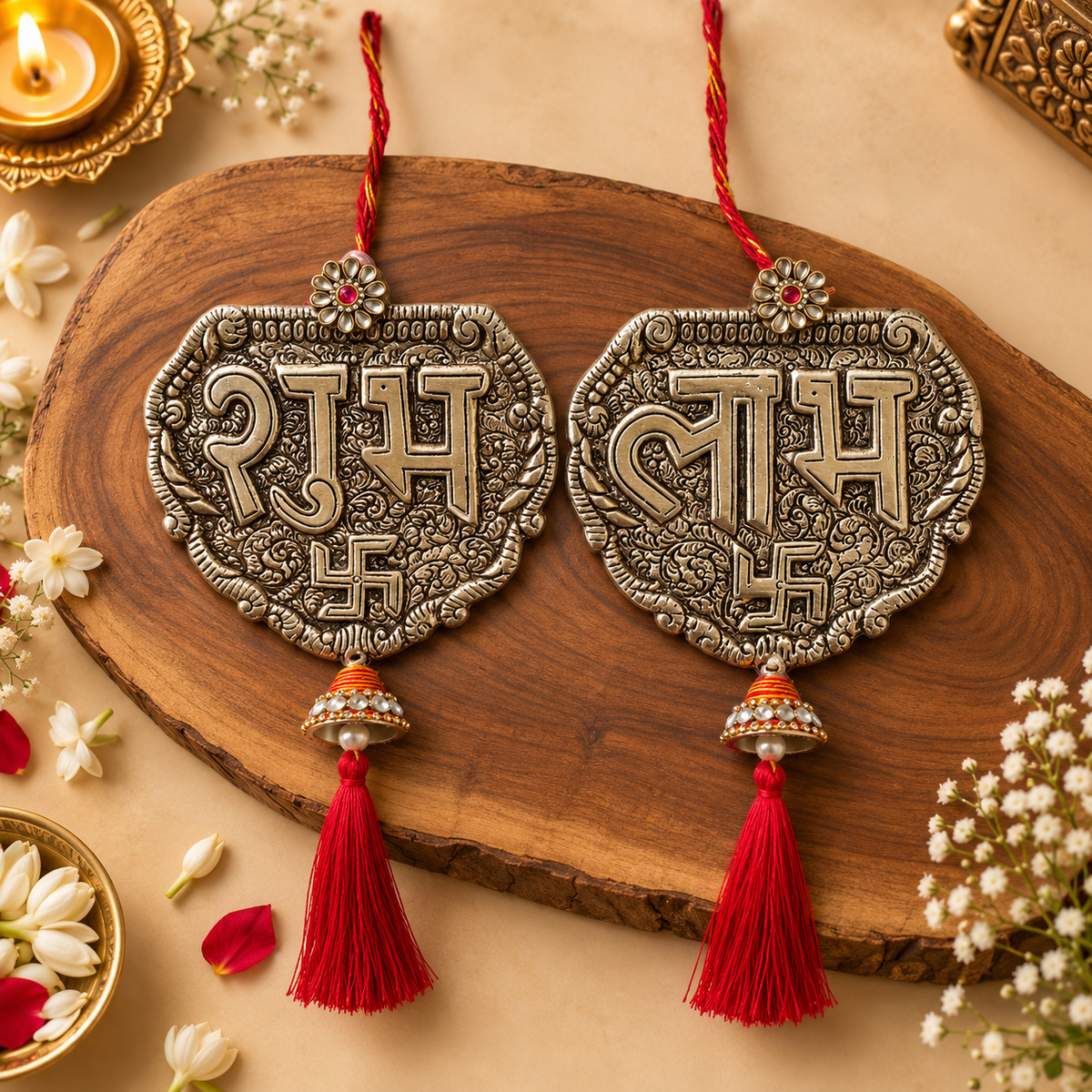 Antique Silver Carved Metal Shubh Labh Latkan Pair with Red Tassels