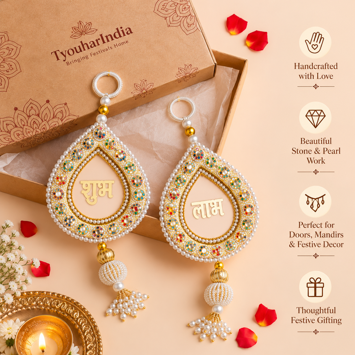 Multicolor Stone Beaded Shubh Labh Pair with Pearl Tassels- White & Gold