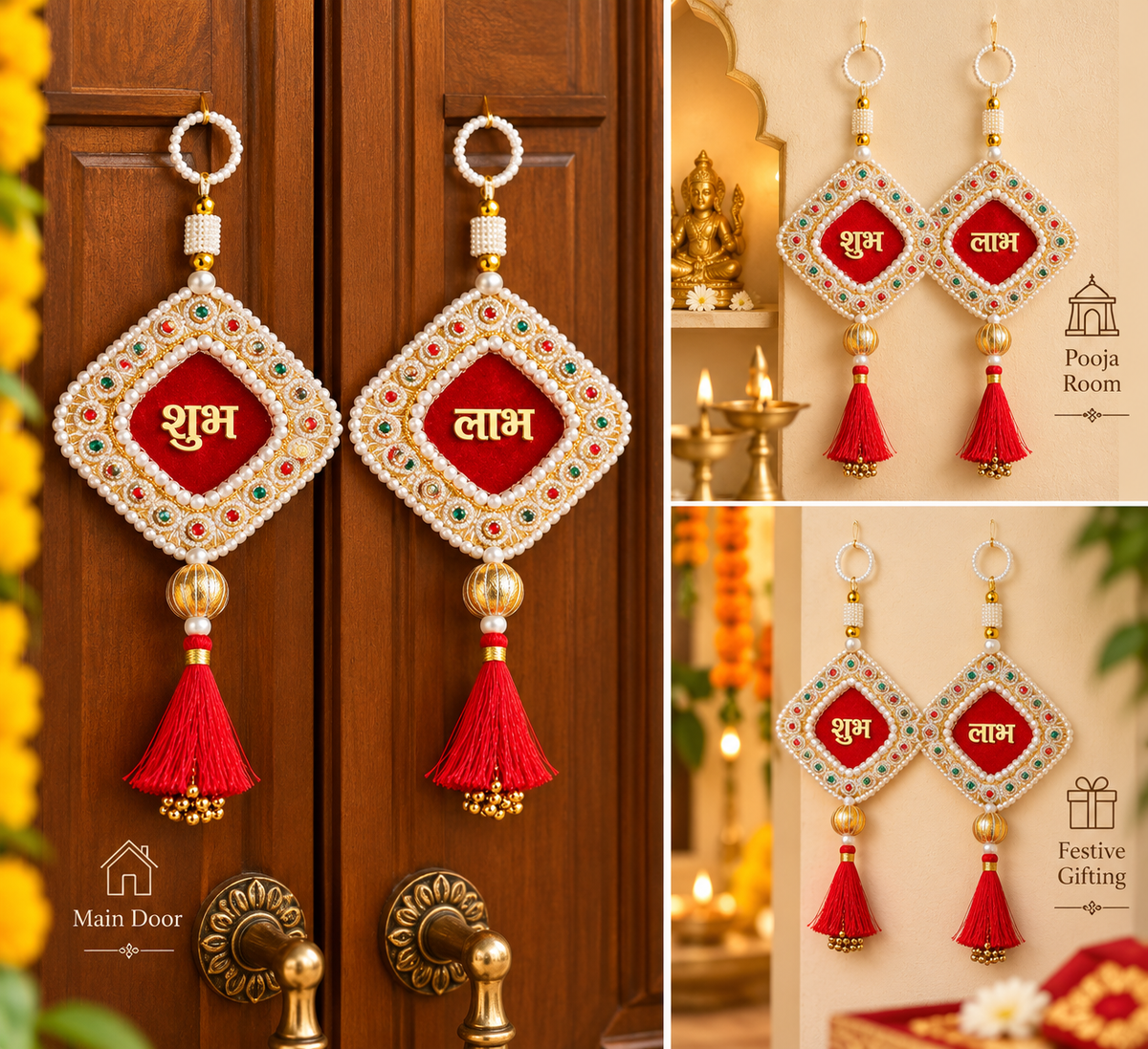Red Velvet Shubh Labh with Kundan Stonework & Tassels