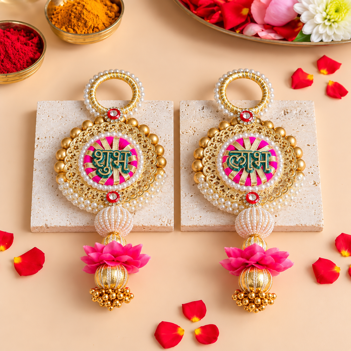 Golden Pearl Shubh Labh Pair with Pink Floral Tassels