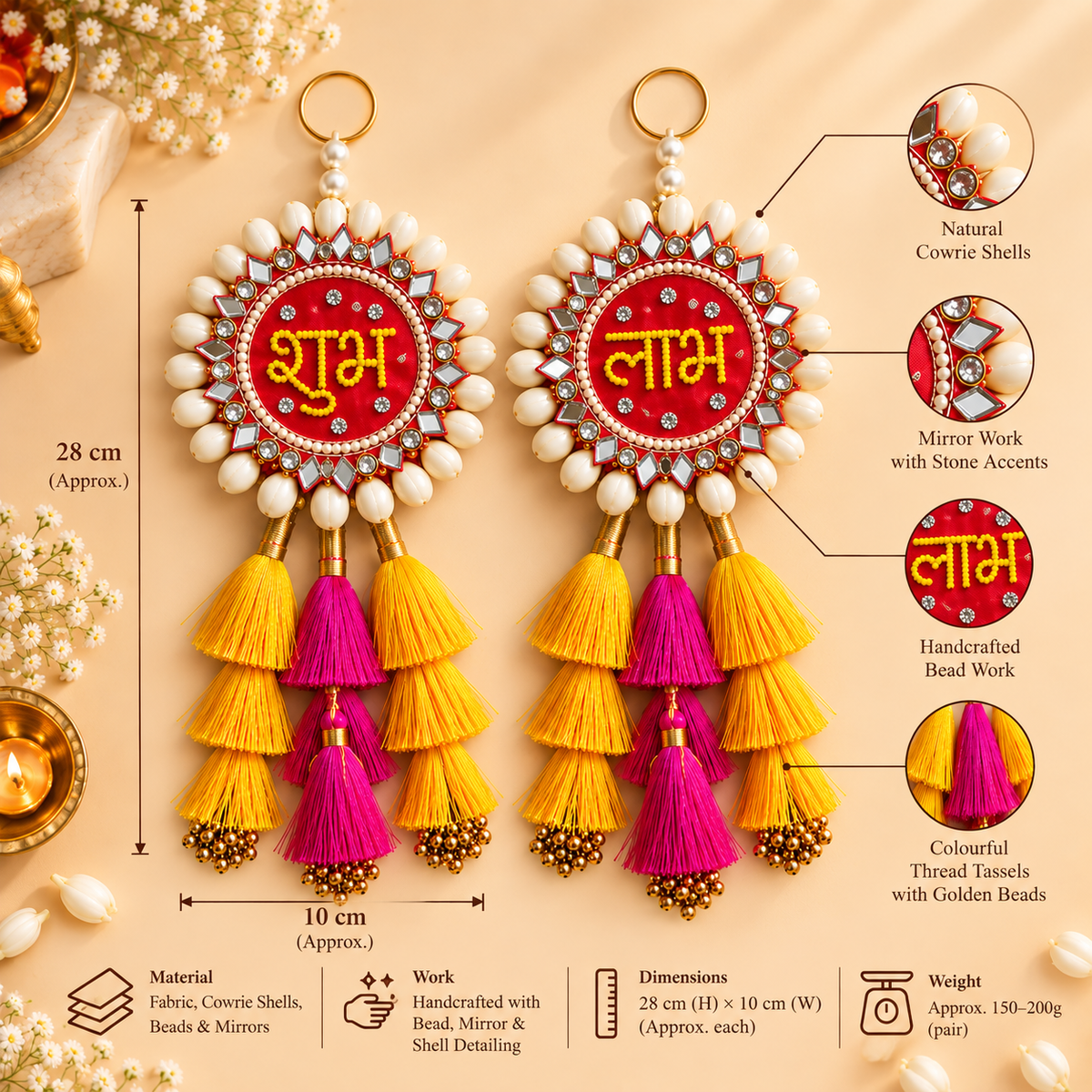 Kodi Shell Shubh Labh Latkan Pair with Tassels