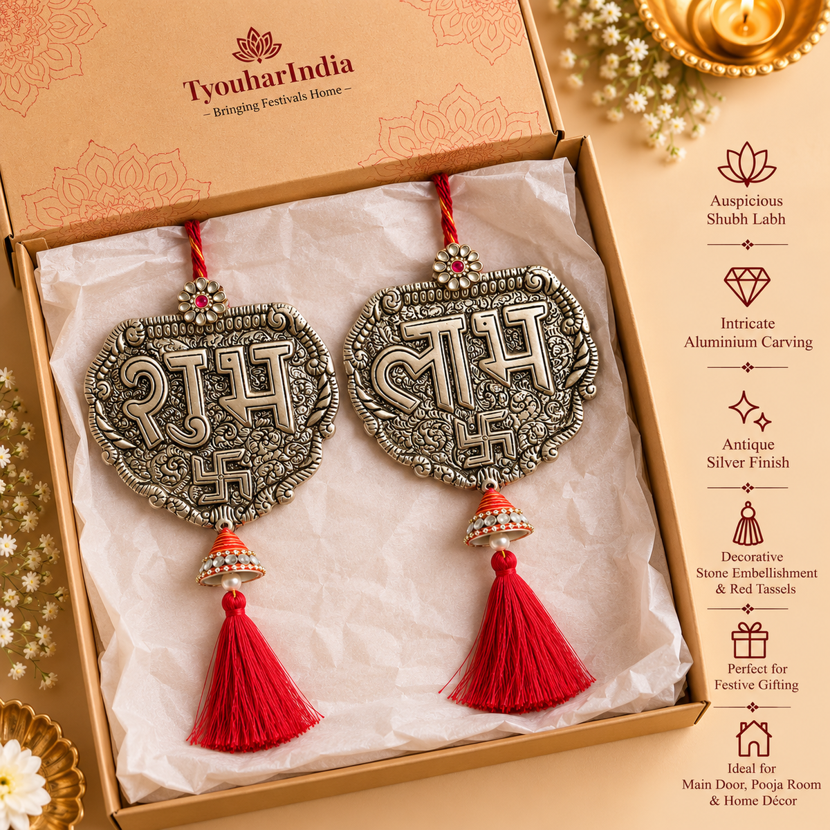 Antique Silver Carved Metal Shubh Labh Latkan Pair with Red Tassels