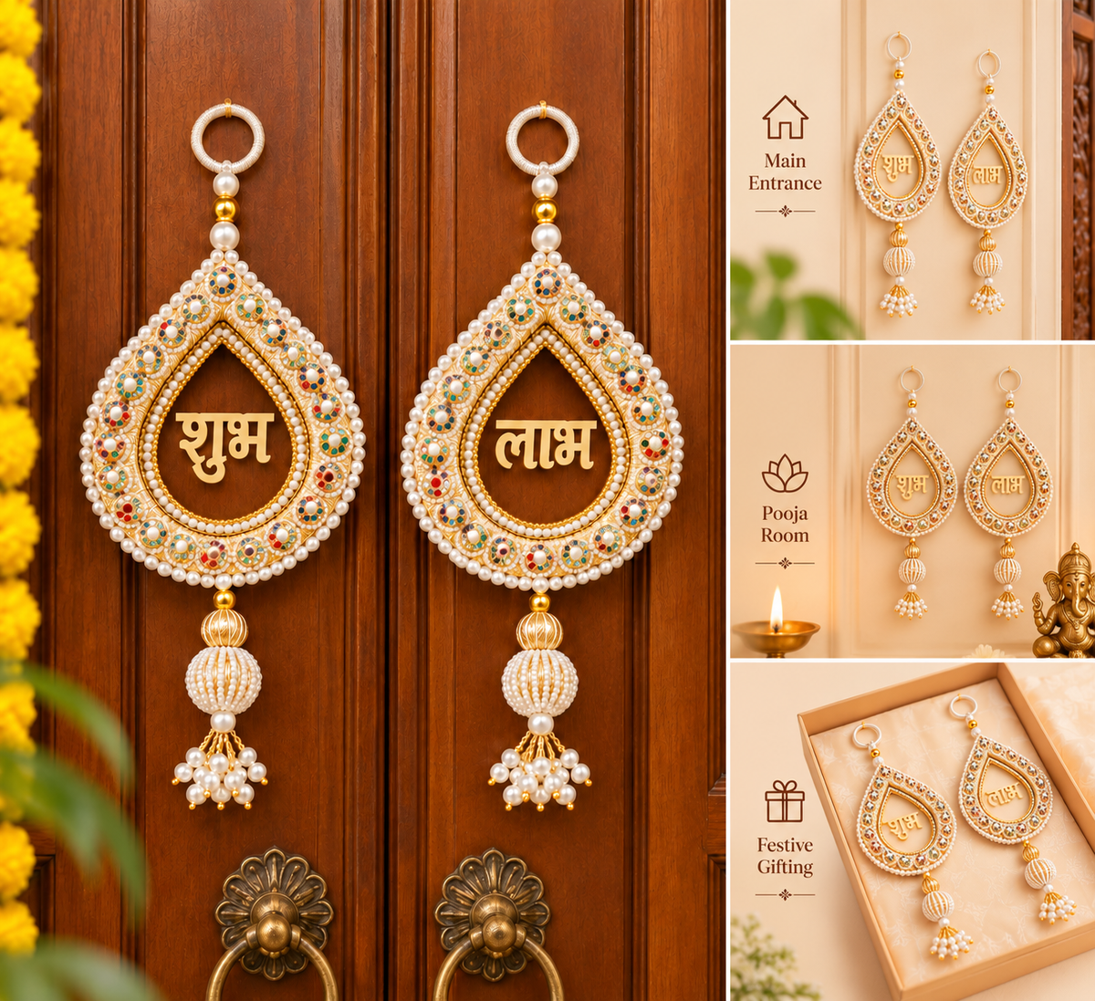 Multicolor Stone Beaded Shubh Labh Pair with Pearl Tassels- White & Gold