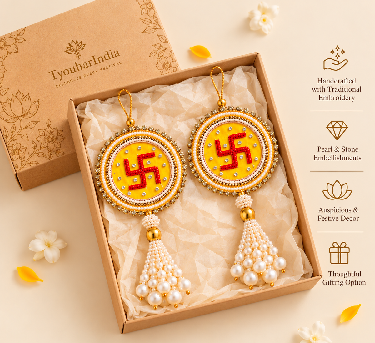 Swastik Pearl Tassel Hanging - Yellow & Gold (Set of 2)