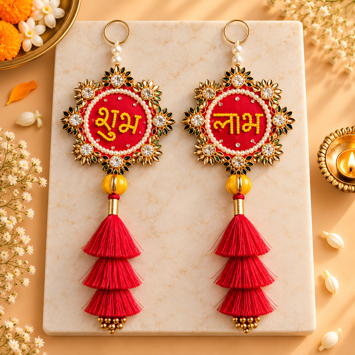 Floral Shubh Labh Latkan with Red/Pink Tassels