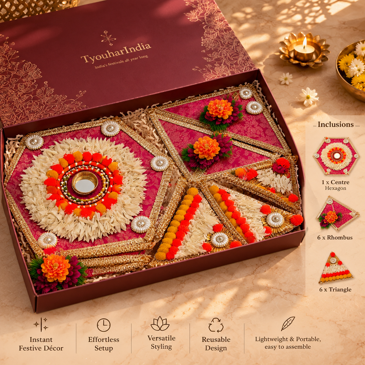 Royal Magenta Floral Gotta Patti Rangoli | Reusable & Modular | 30 Inches
