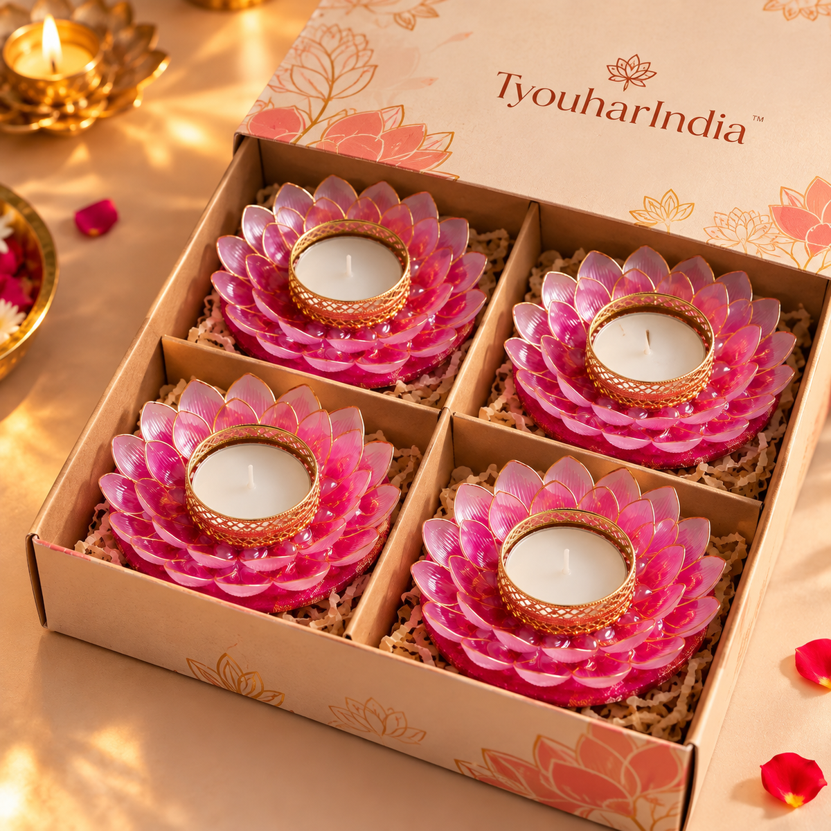 Handcrafted Lotus Design Tea Light Holder with Golden Accents- Set of 4