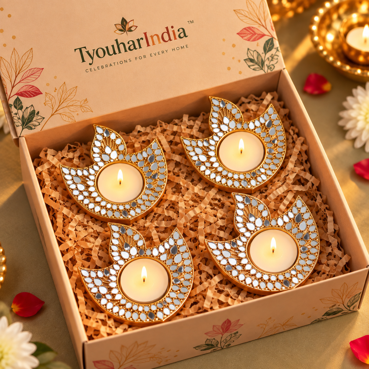Handcrafted Diya Mirror Work Tea Light Holder-Set of 4