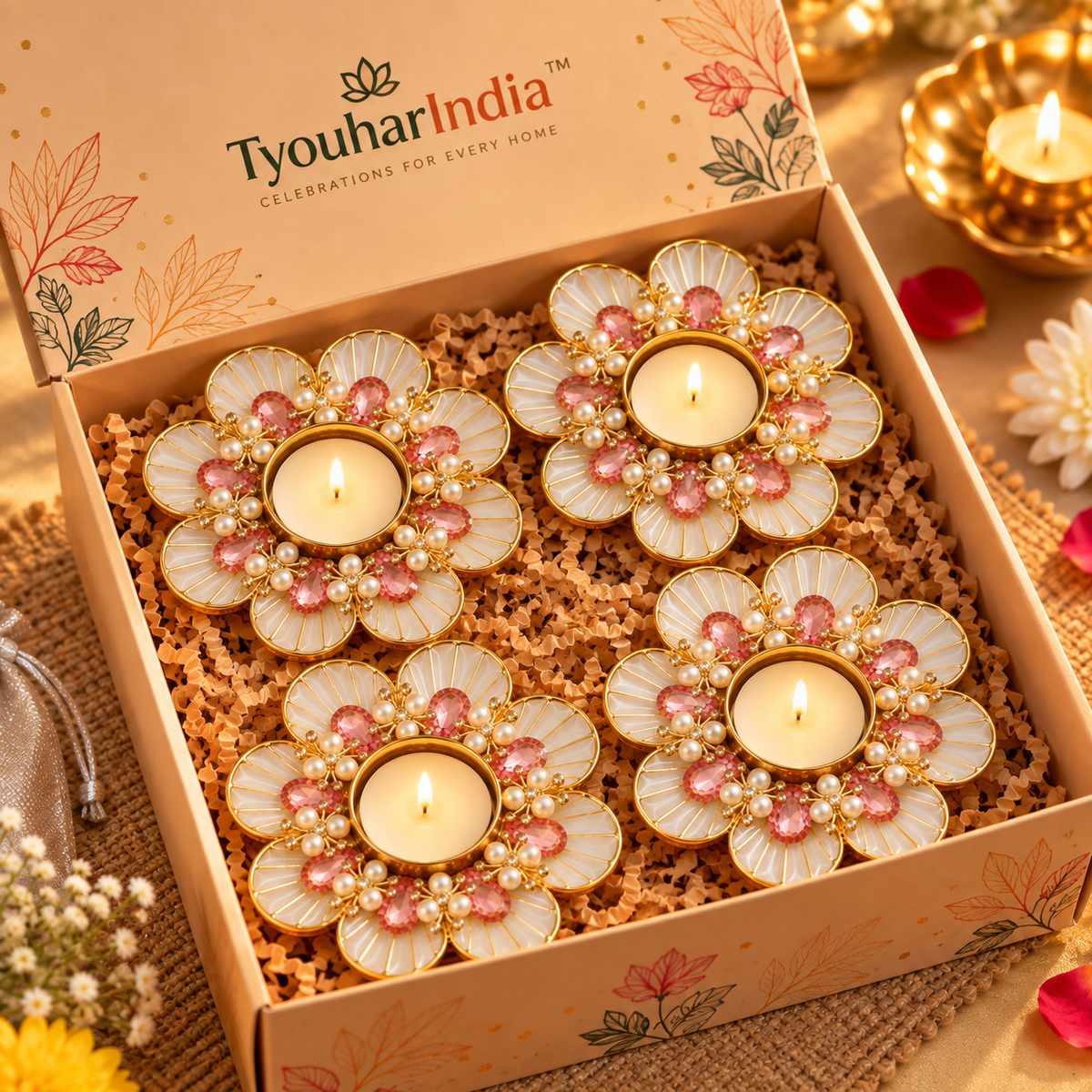 Pearl & Pink Crystal Floral Shell Diya Tea Light Candle Holder-Set of 4