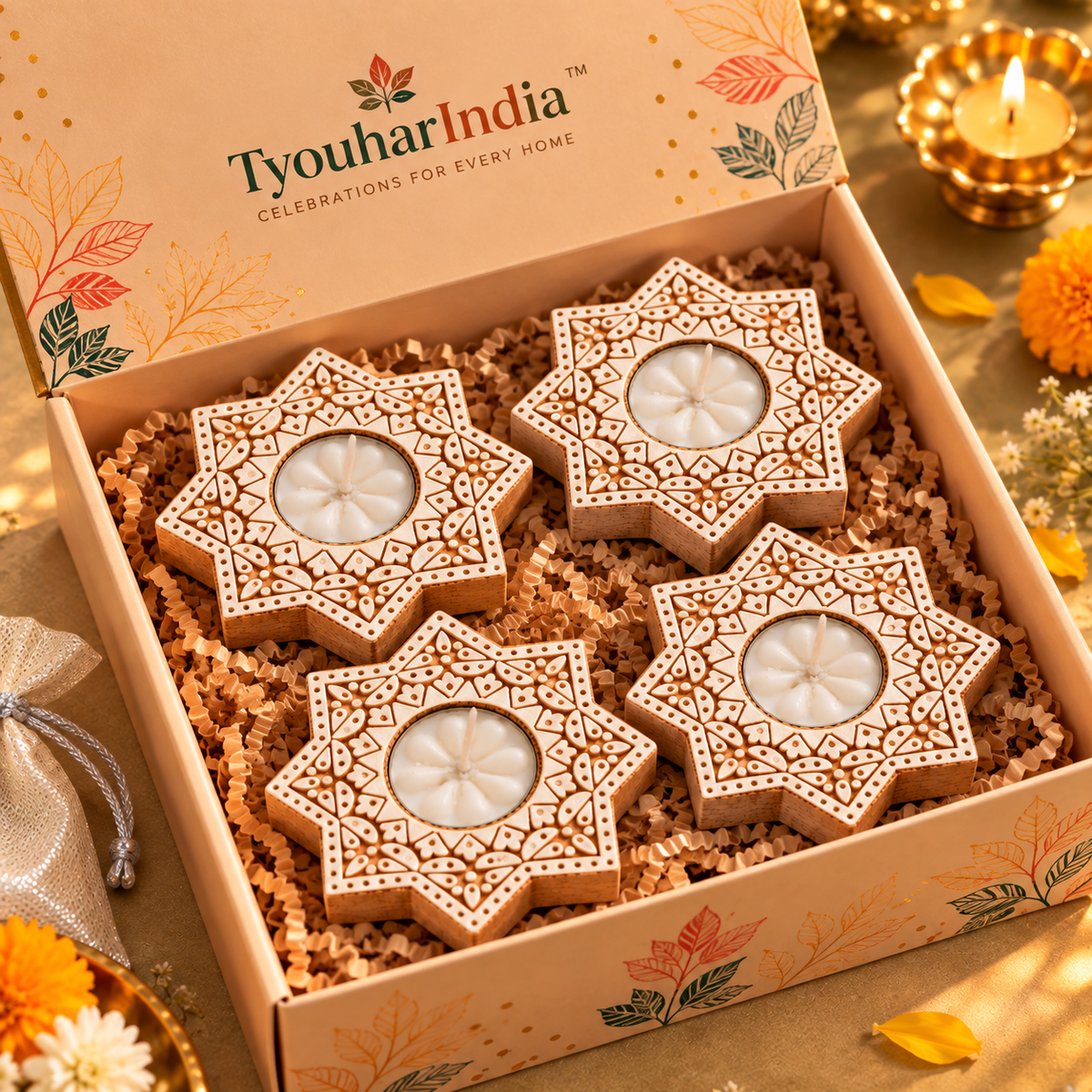 Handcarved Jamun Wood Star Diya Tea Light Candle Holder -Set of 4