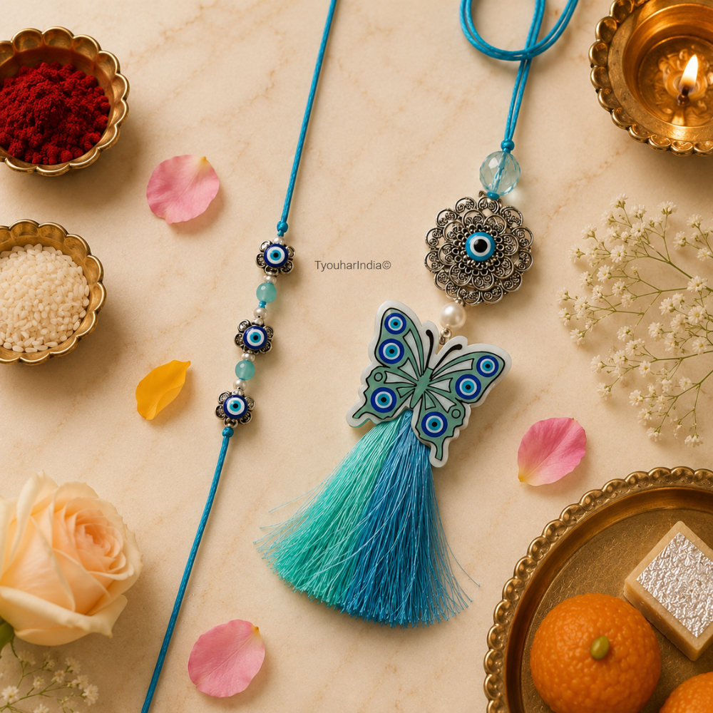 TyouharIndia Bhaiya Bhabhi Family Evil Eye Rakhi & Lumba Combo Set of 3