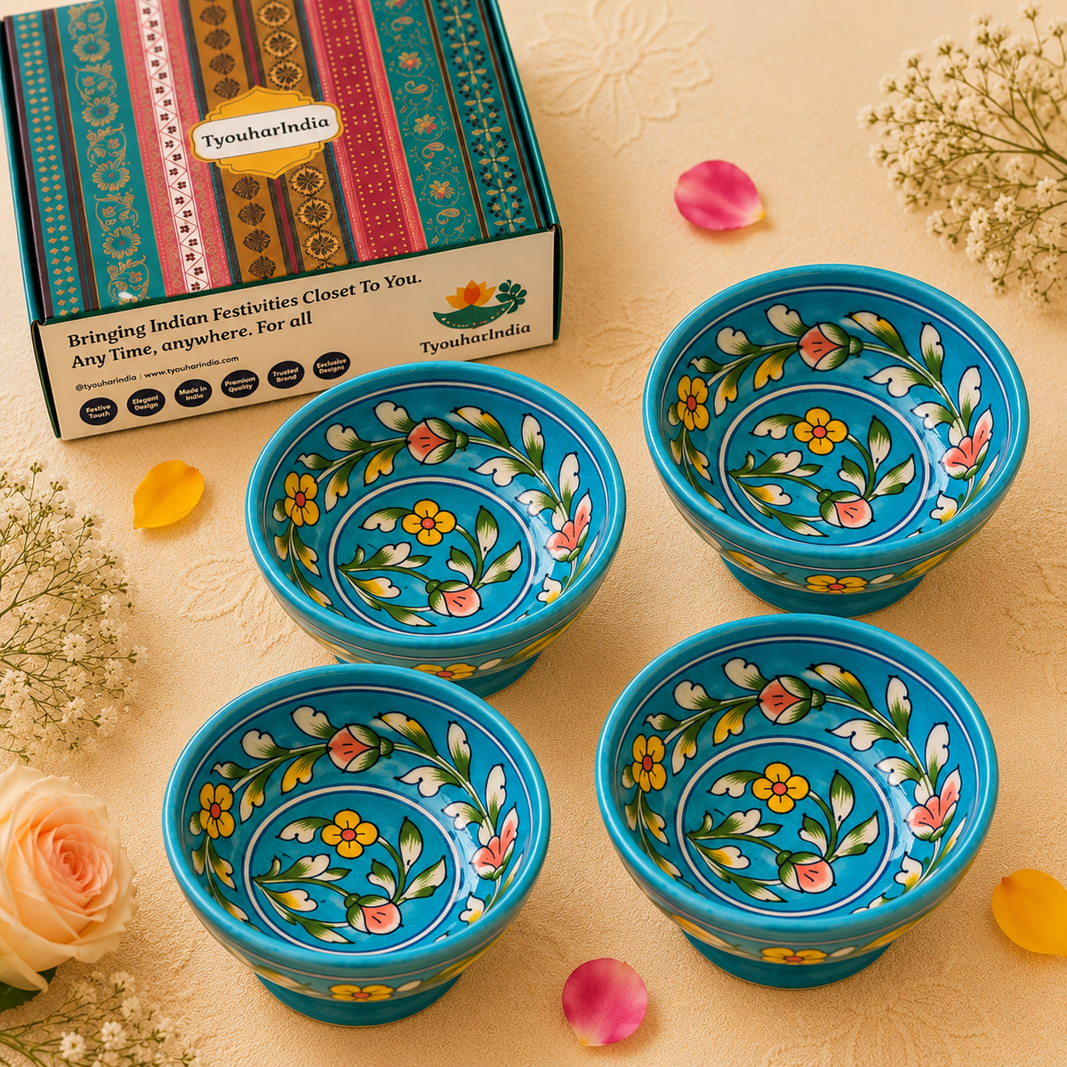 Hand-Painted Blue Pottery Floral Bowl -Set of 4