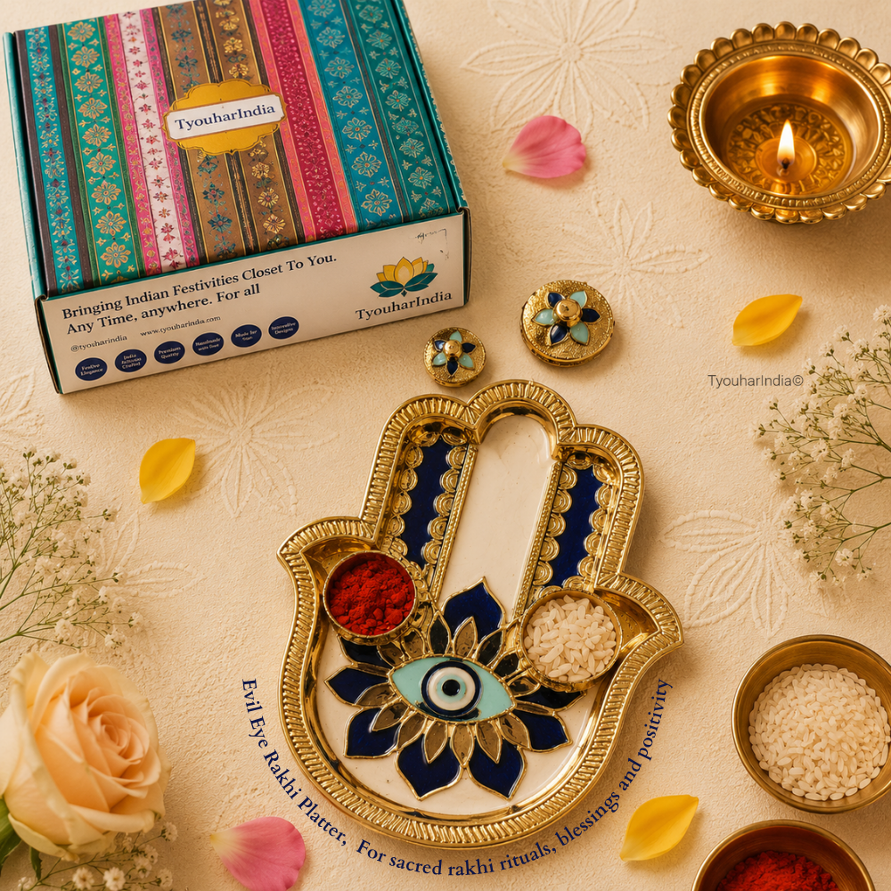 Bhaiya Bhabhi Pink Blue Round Evil Eye Rakhi & Lumba Ritual Gift Box