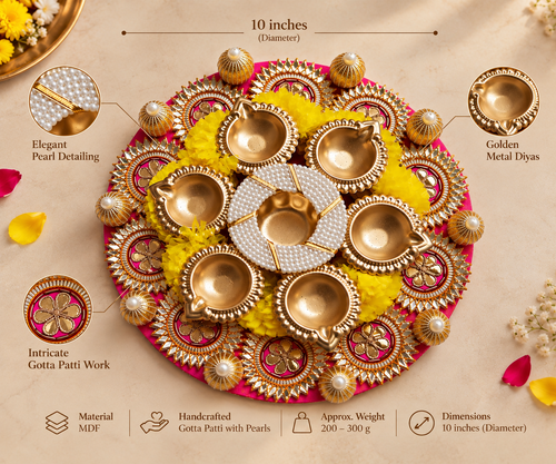 Rani Pink & Golden Gotta Patti Floral Rangoli with 7 Diyas
