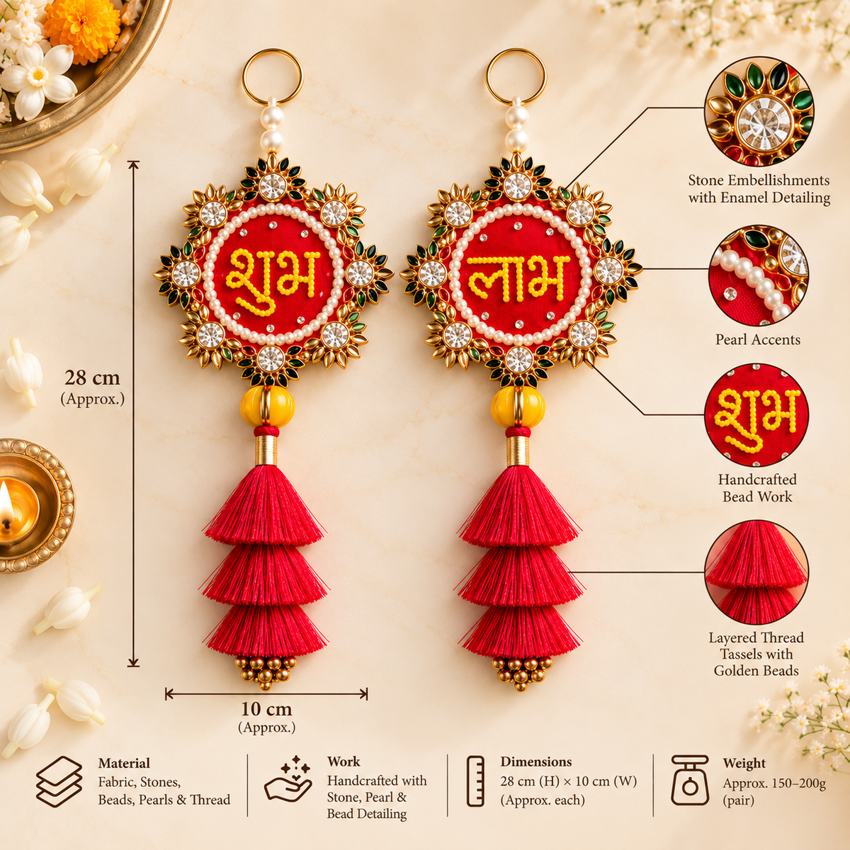 Floral Shubh Labh Latkan with Red/Pink Tassels
