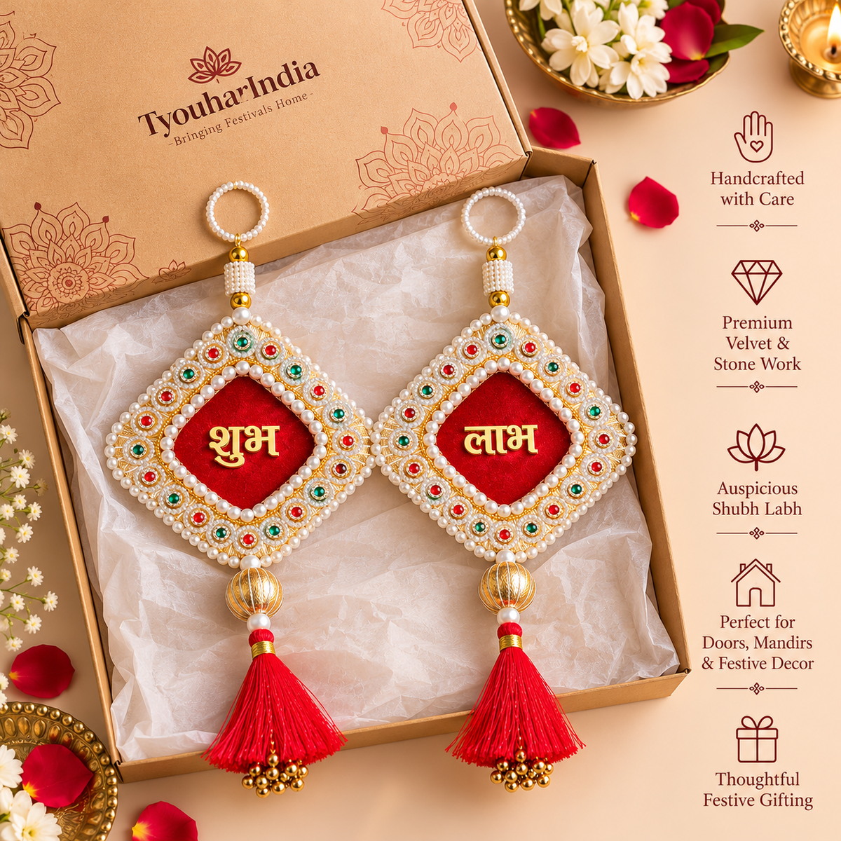 Red Velvet Shubh Labh with Kundan Stonework & Tassels