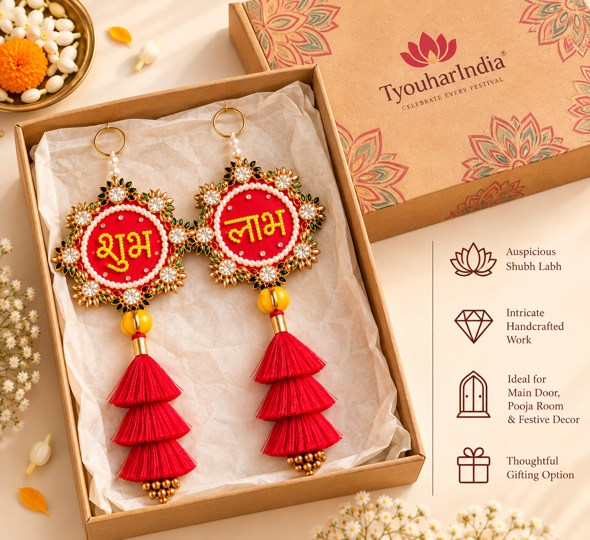 Floral Shubh Labh Latkan with Red/Pink Tassels