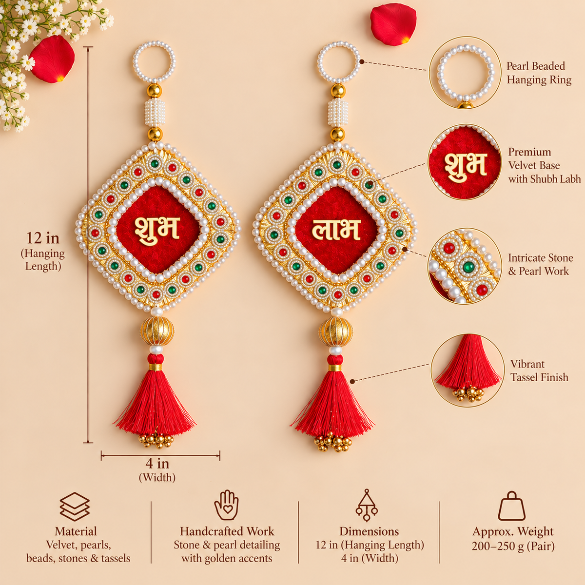 Red Velvet Shubh Labh with Kundan Stonework & Tassels
